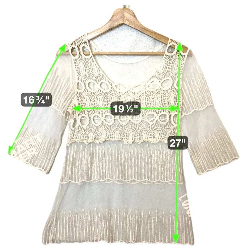 Sheer Bohemian Crochet Lace Tunic Top Women M Ivory Festival Boho Chic Whimsical